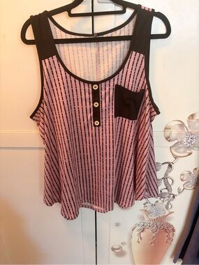 Pink Striped Muscle Tank with Black Trim and Pocket